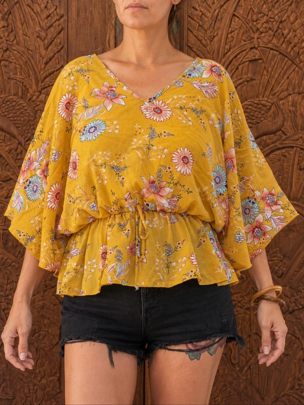 VTG LA Gypsy Vintage Y2K Does 70s Floral Bell Sleeve Blouse Mustard XXL XL Tops